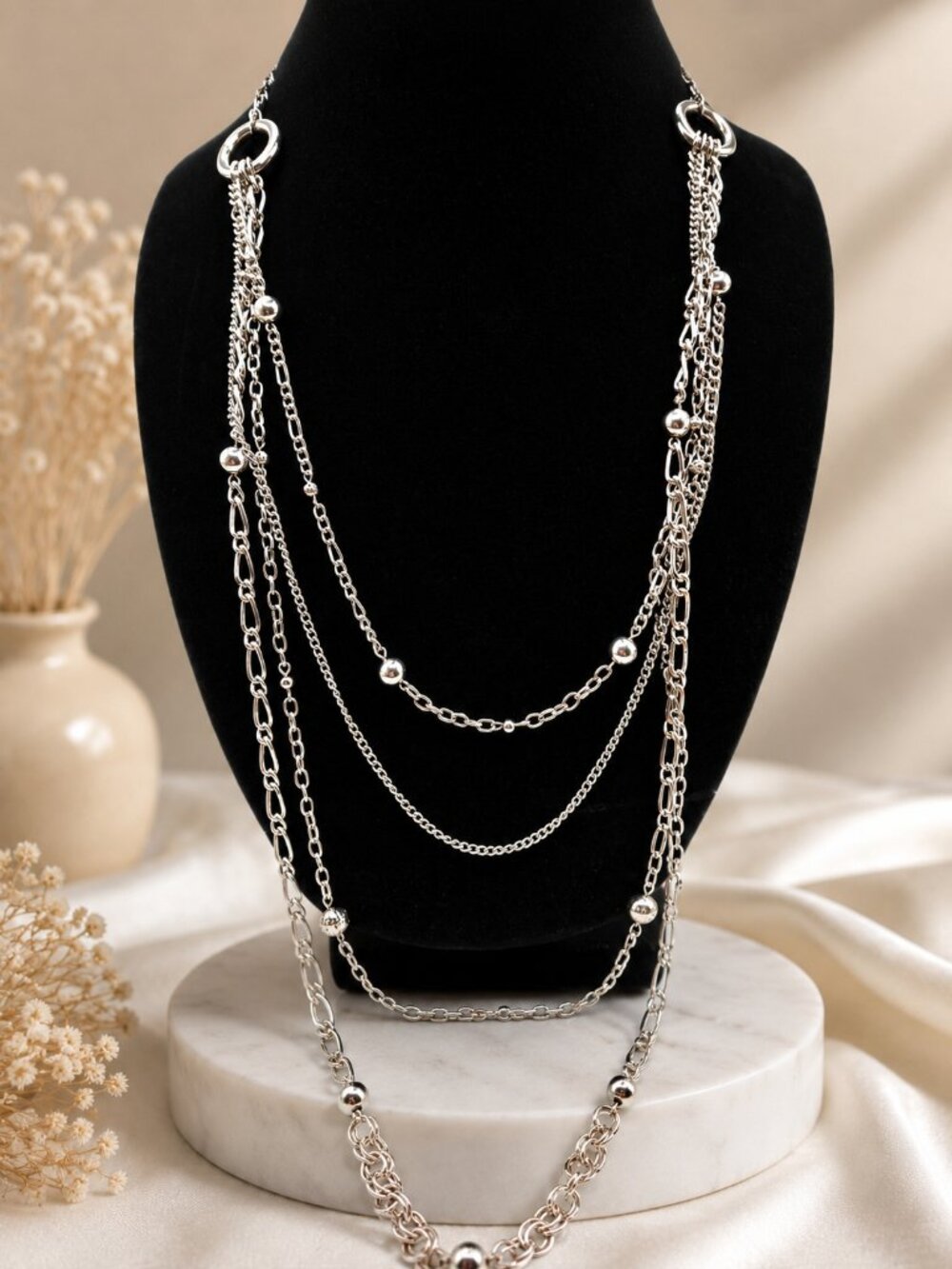Silver Tone Layered Chain Necklace Y2K Statement 19" EUC